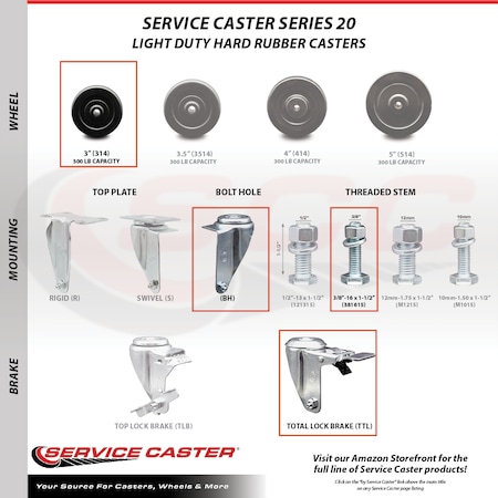 Service Caster 3 Inch SS Hard Rubber Swivel 3/8 Inch Threaded Stem Caster Lock Brake SCC, 2PK SCC-SSTSTTL20S314-HRS-381615-2-S2